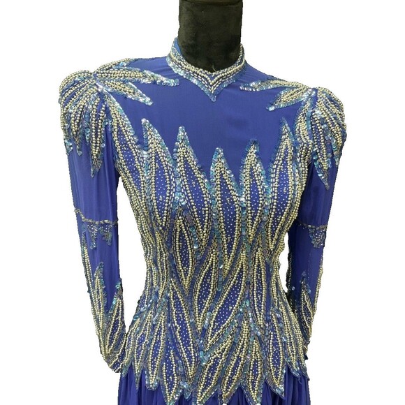 Vintage Jacquline Electric Blue Swing Dress w/Heavy Beaded Bodice 100% Silk SZ 8 - Picture 3 of 14